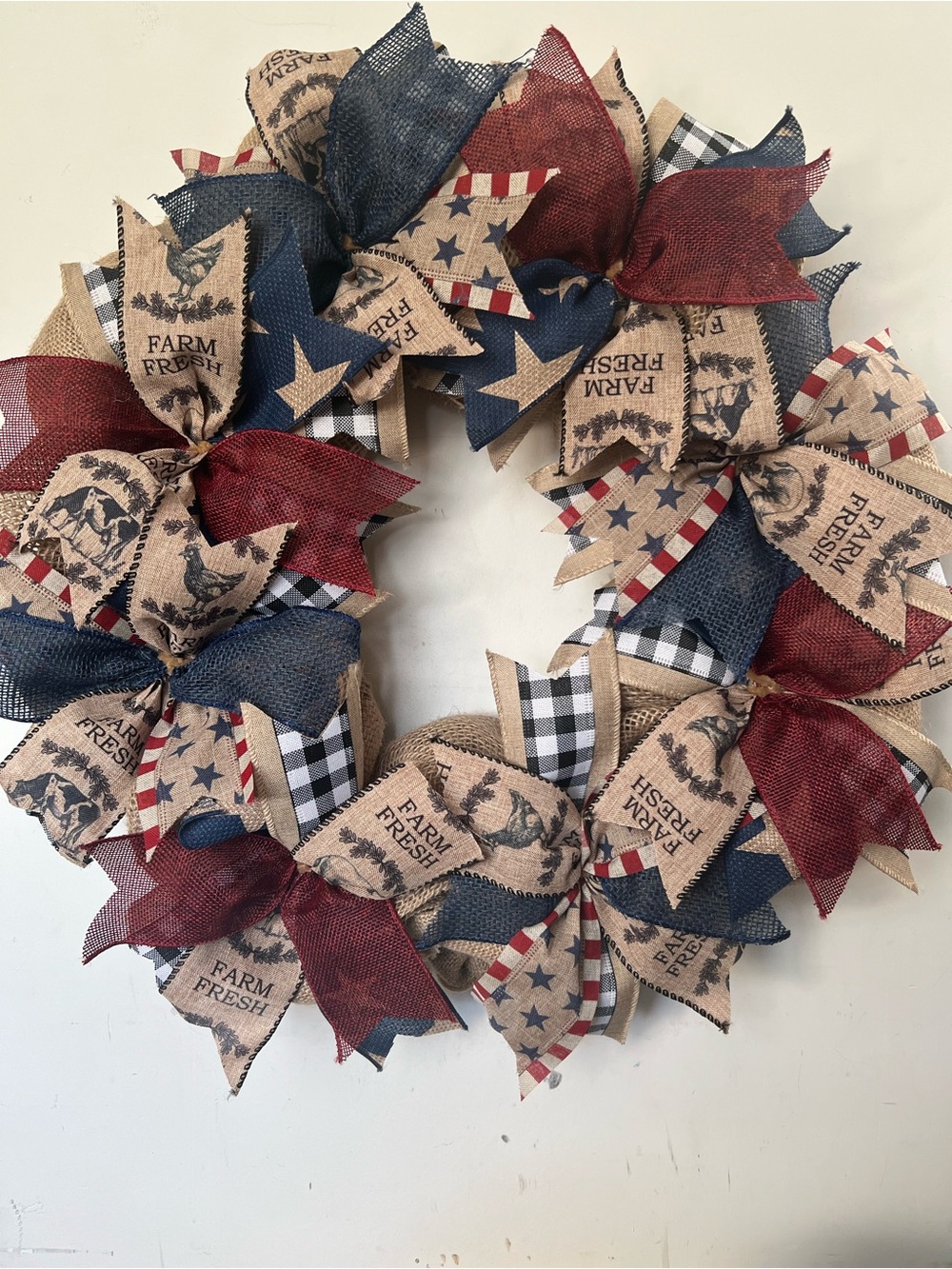 Patriotic Farm Fresh Burlap Wreath - Red, Blue, Natural